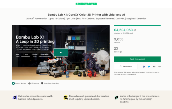 Bambulab X1 Kickstarter campaign